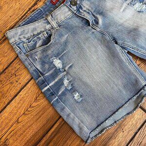 VINTAGE Thrashed Red Rivet Cut Off Denim Shorts